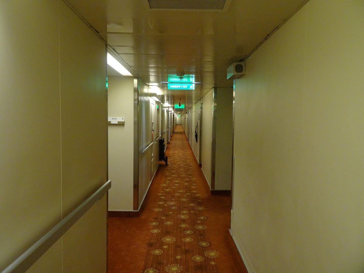 Couloir long avec moquette tachetée, portes, éclairage et signalisation verte
